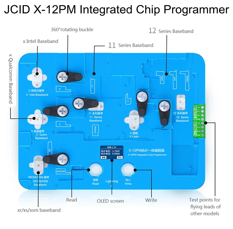 JCID Chip de banda base integrado EEPROM programador de reparación sin extracción para iPhone X 11 12 13 14 15 16 Pro Max CPU IC Chip lectura escritura