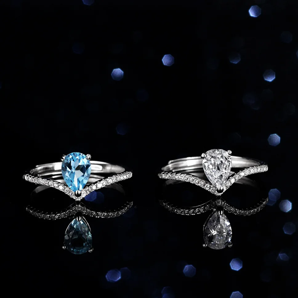 

Natural Blue Topaz Mozambique Diamond Ring for Women, One Carat Water Drop 18K Gold Inlaid Crown Platinum PT950 Jewelry