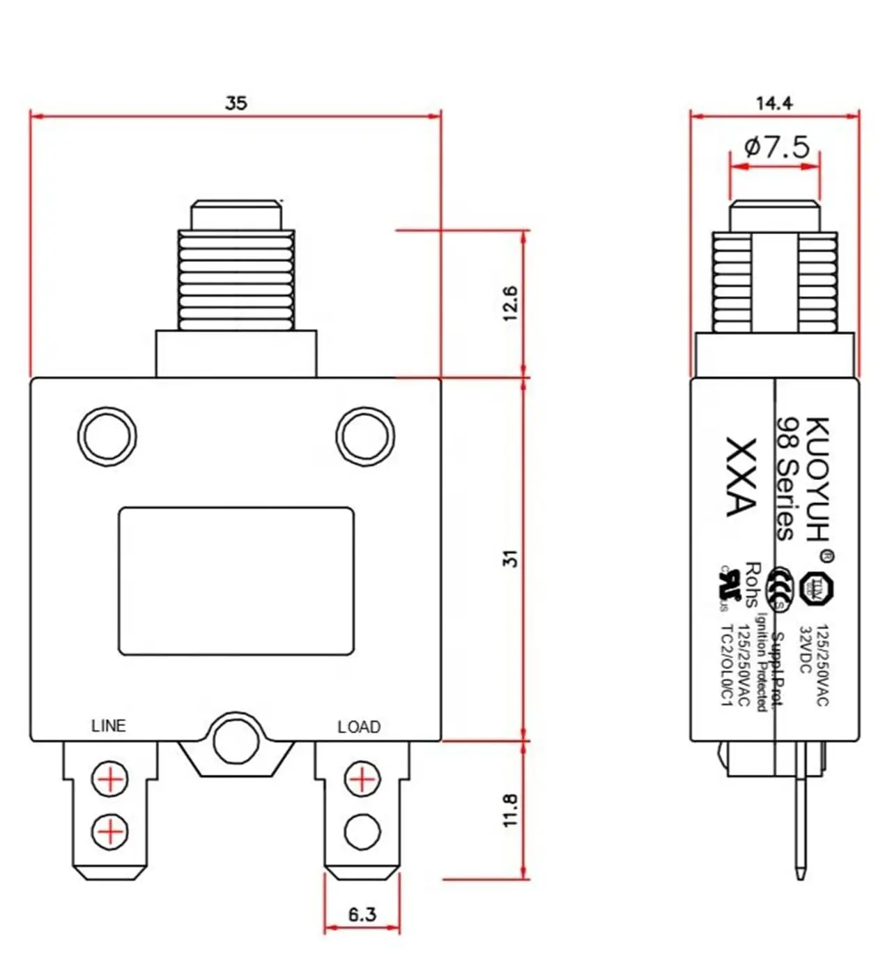 5PCS KUOYUH 98 Serie Mini Leistungsschalter Überlastschutz Schalter 3A 4A 5A 6A 7A 10A 15A 20A 25A 30A 32A 35A 40A 50A – Detail 3