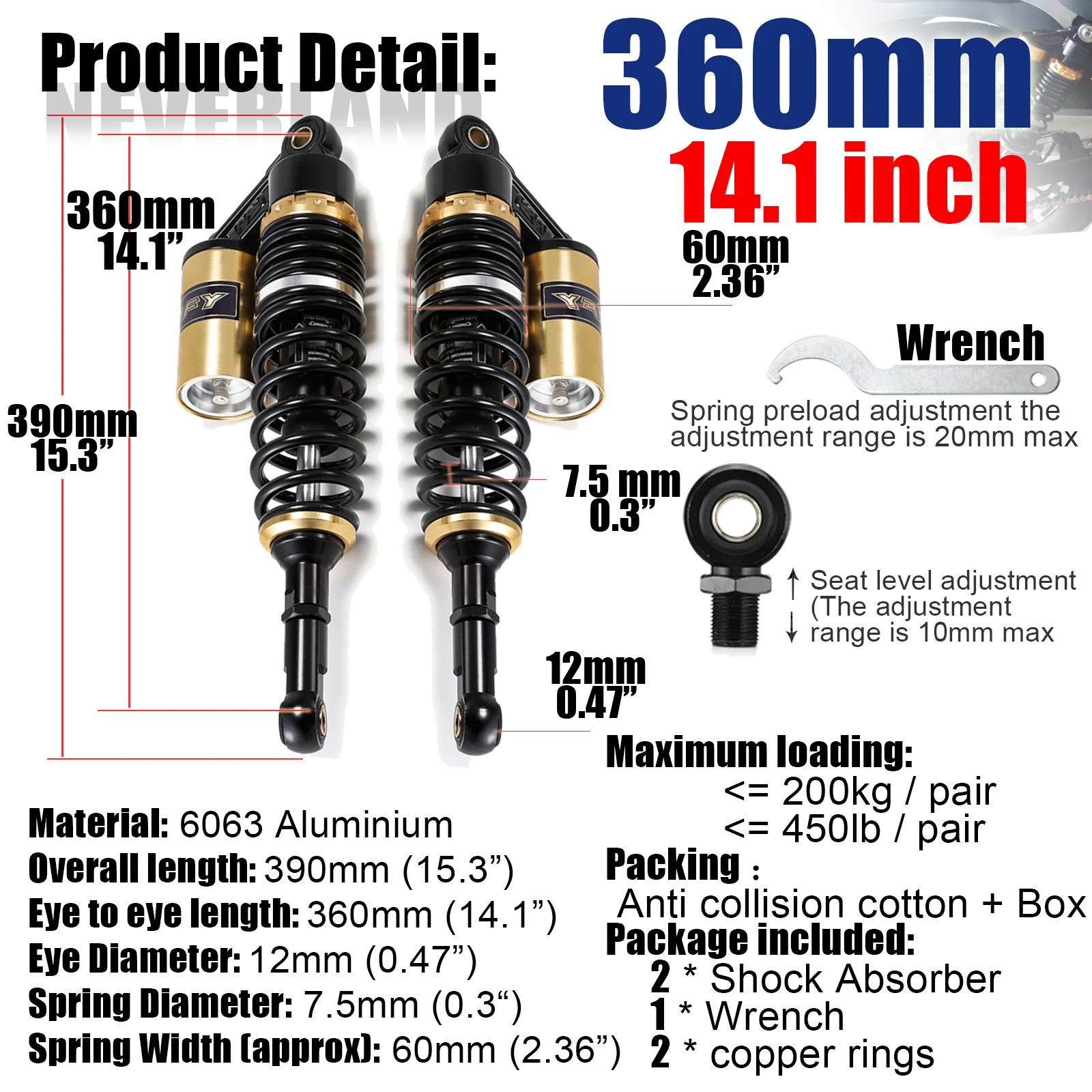 280Mm 320Mm 340Mm 360Mm 380Mm 400Mm 440Mm Motorcycle Air Schokdemper Achterwielophanging atv Quad Scooter Dirt Bike Motor D30