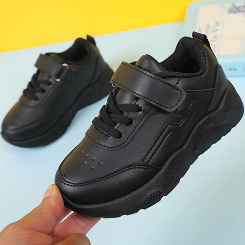 Children Fashion Girls Black Uniform School Shoes 2023 Hook & Loop Simple Non-slip Britain Style Boys Sneakers Spring Autumn New