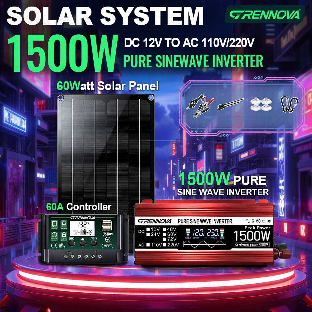 

Solar Solution Kit 60W Panel 60A Controller Pure Sine Wave Inverter (Peak 1500W Continuous 800W) 12V To 110V/220V for Balcony RV