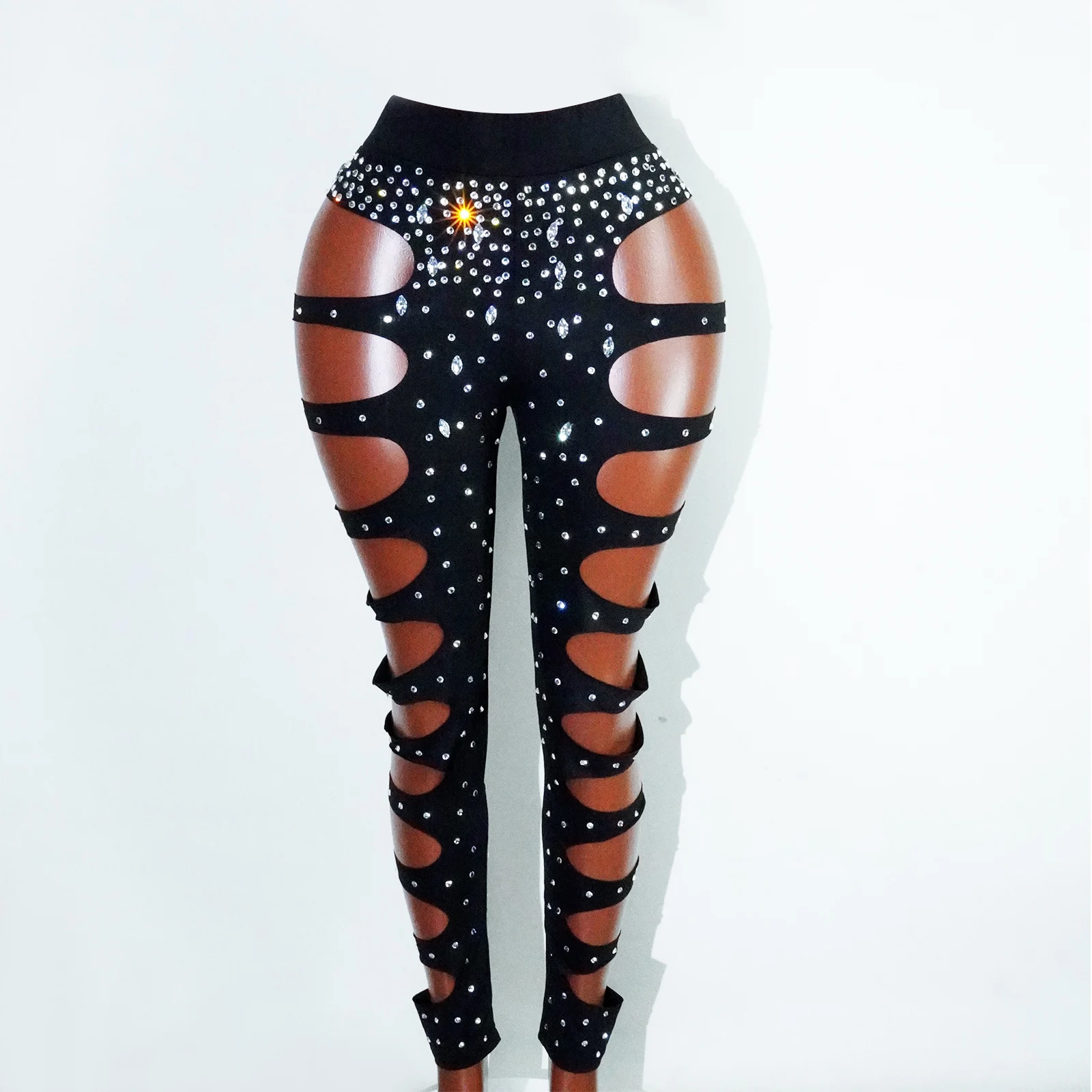 Seksowny Top i Spodnie Brokatowe Cyrkonie Czarny Ażurowy Strój Sceniczny Kostium Gogo Dance Drag Queen Klub Nocny Dj Festiwal Występ