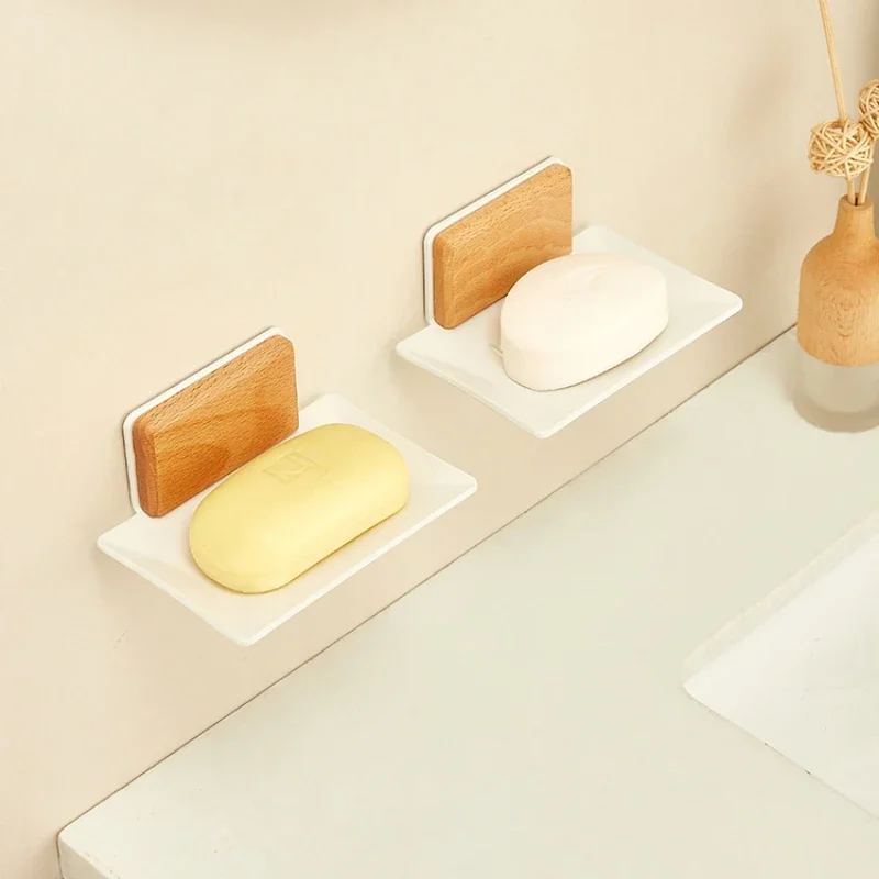 Walnut  Beech Wood Wall-Mounted Soap Dish Non-Perforated Light Luxury Soap Holder for Bathroom  Wooden  Minimalist