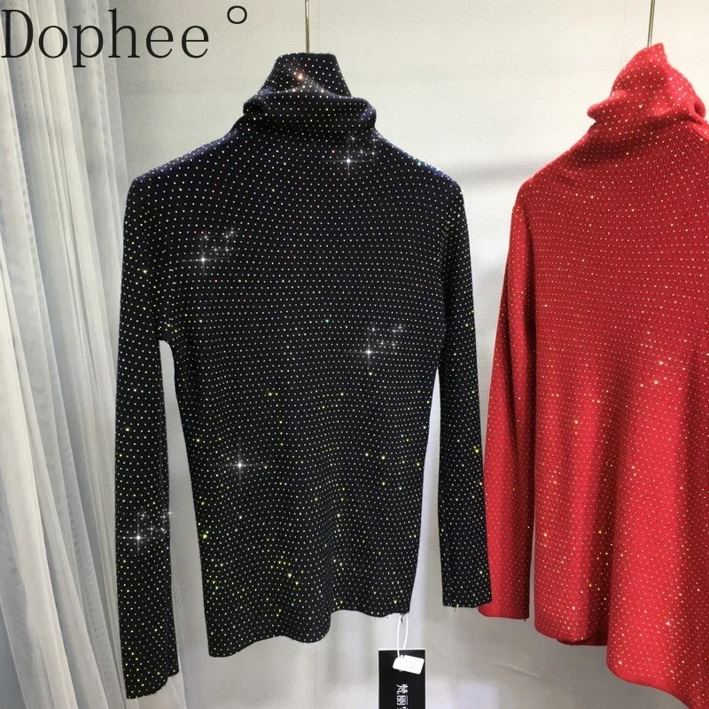 

Full Diamond Hot Drilling Women Sweater Shiny All-match Autumn Winter Basic Knitted Top High Collar Stretch Tight Knit Pullovers