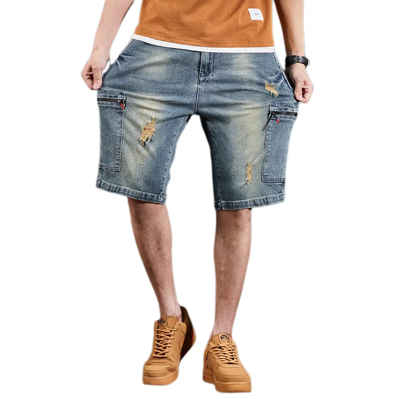 New men\'s jeans plus size fashionable casual solid color 5-point pants men\'s summer multi pocket workwear shorts 46