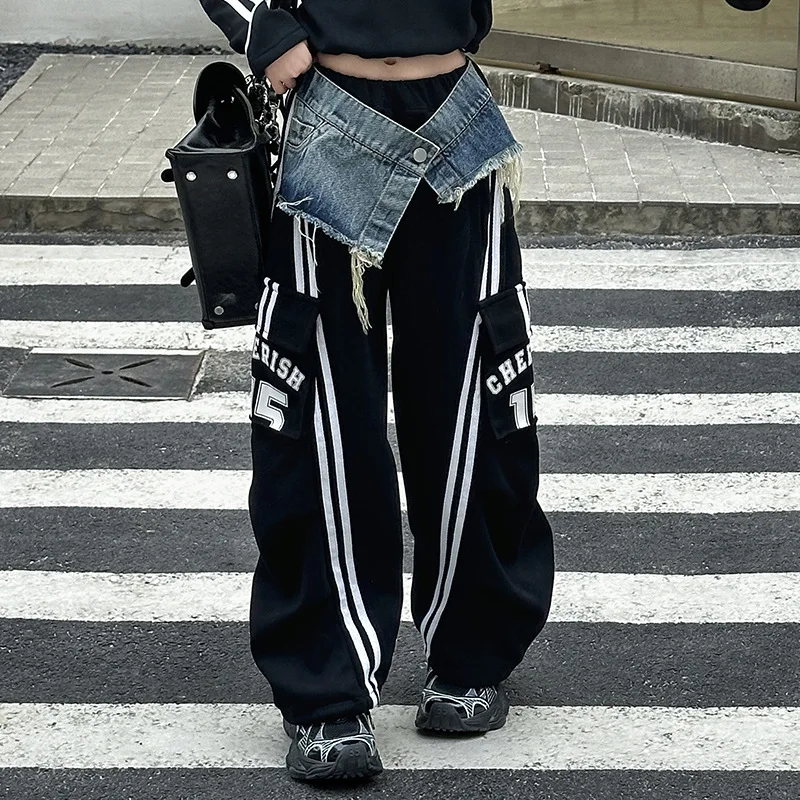 Teen Girl Denim Spliced Work Pants Spring Autumn New Kids Casual Floor Sports Wide Leg Trousers Children Clothes