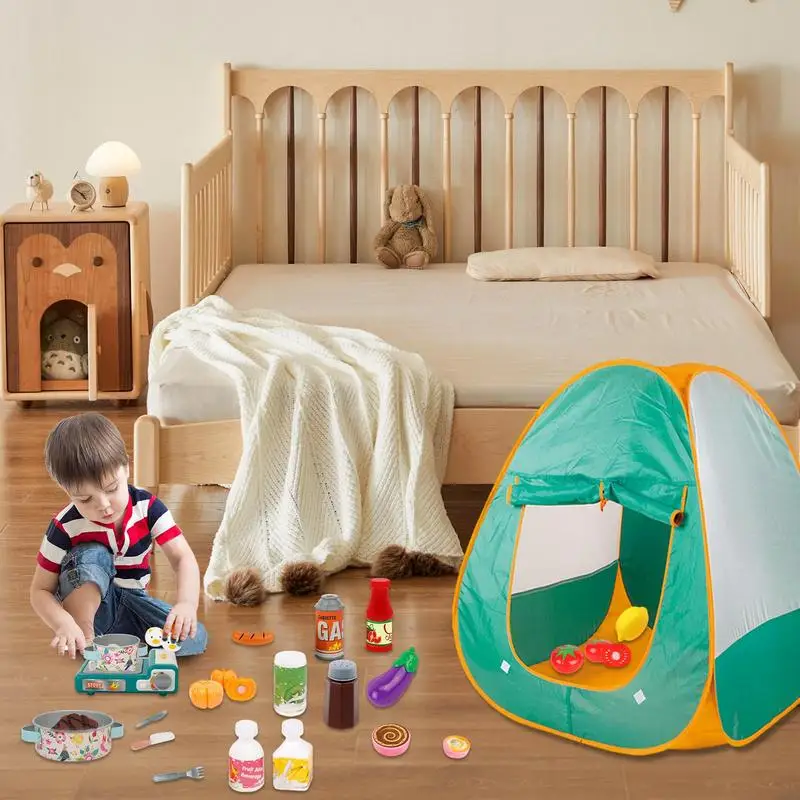 Toy Camping Set 40pcs Toddler Pretend Cutting Fruits Toys Toy Camping Set With Play Tent Barbecue Ovens Oil Lantern Toy BBQ