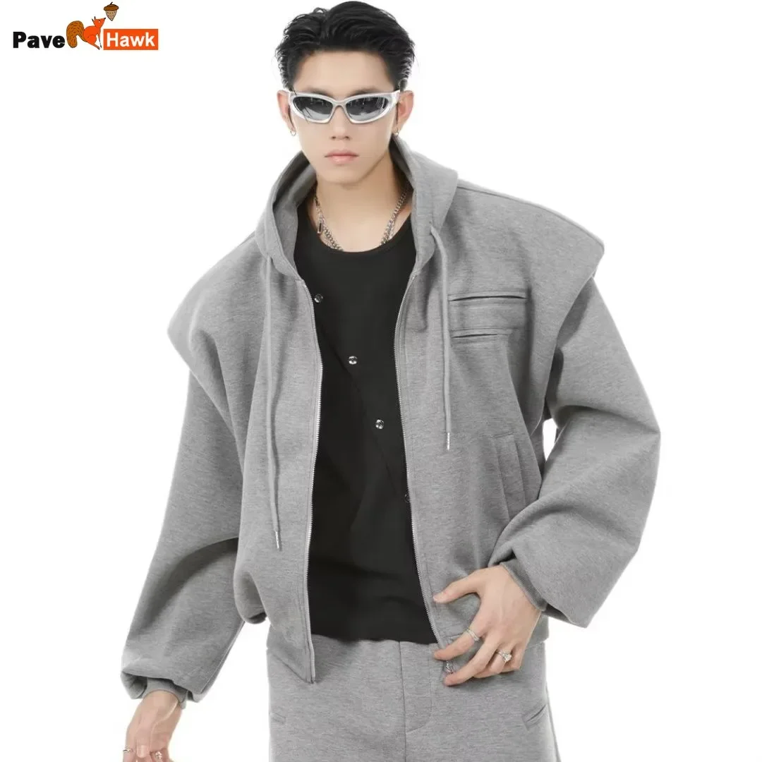 Men's Short Hooded Jacket Fashion Shoulder Pads Zip Up Casual Couple Varsity Sweatshirt Grey Loose Solid Color Hoodies Street