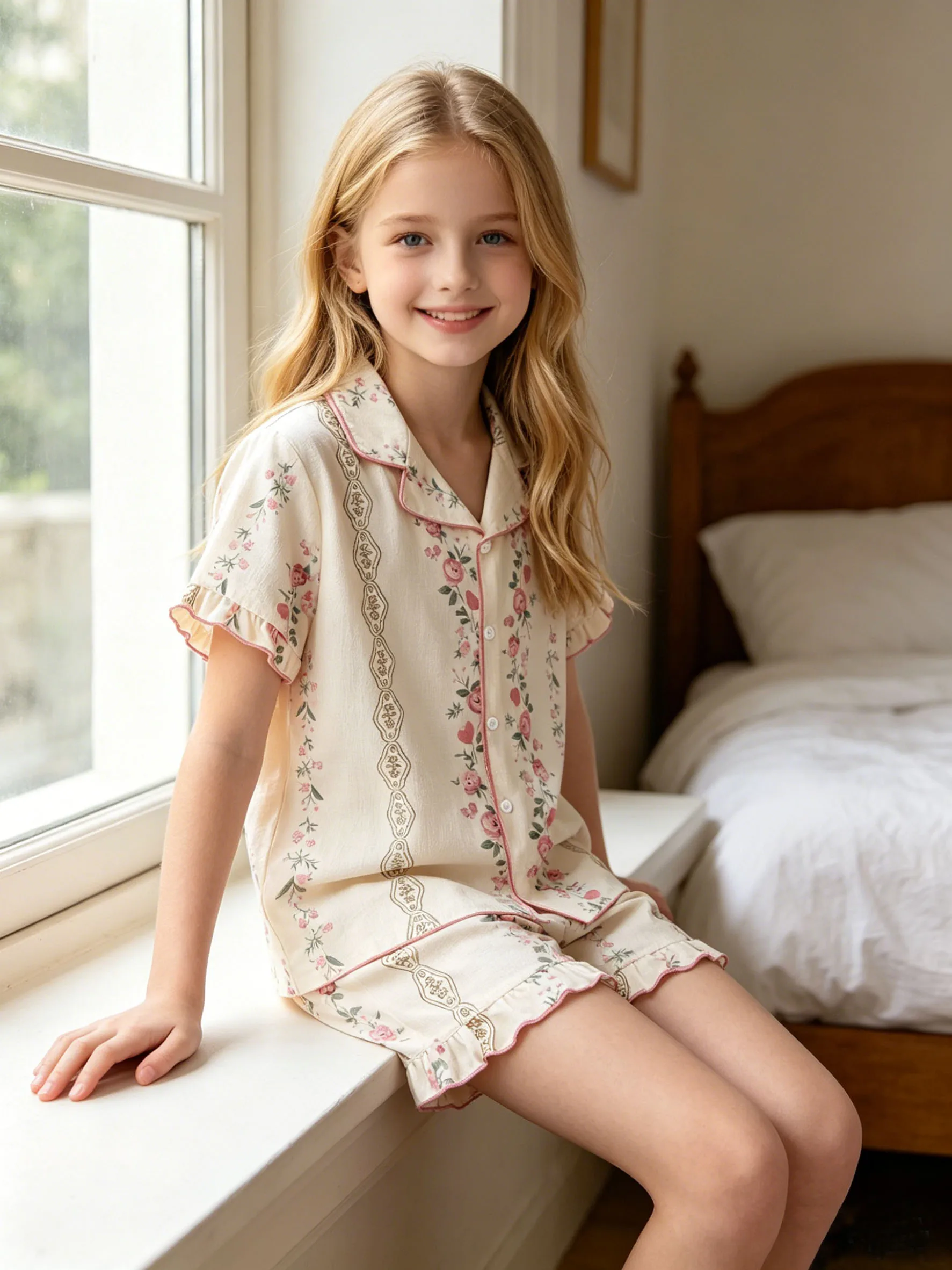 Girls' fashionable home clothes for summer, girls' outdoor leisure flower pattern ruffle design short sleeved shorts