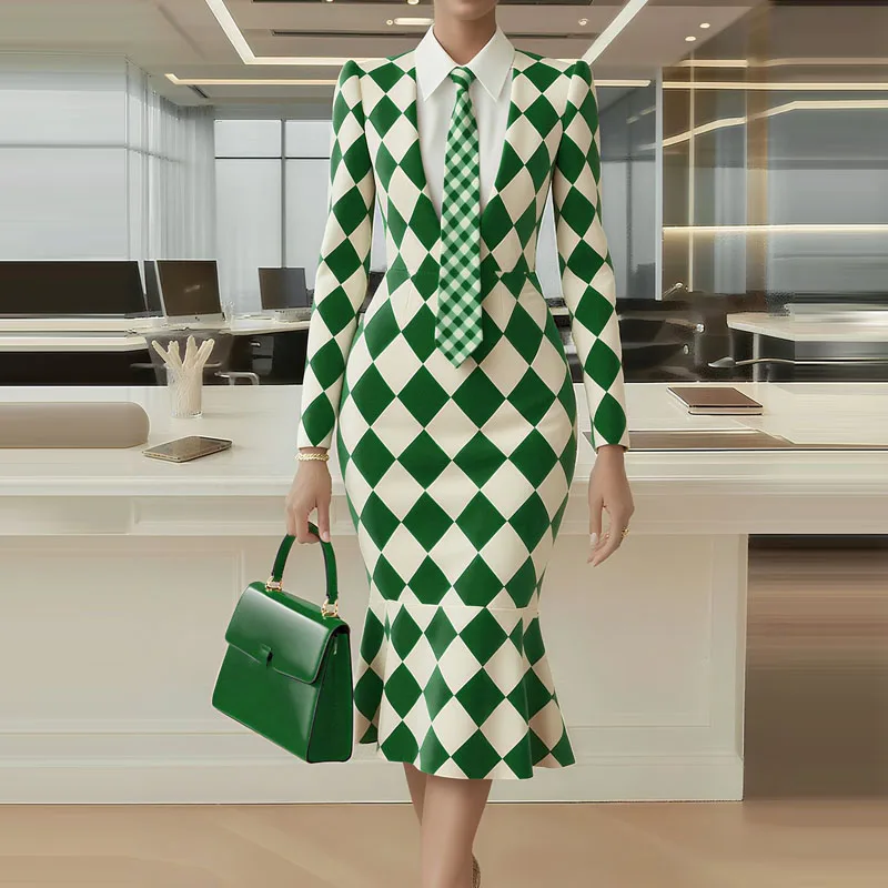 الخريف عادية كم طويل سليم فستان الحفلات أنيقة التلبيب طوق المرأة فستان طويل موضة شعرية طباعة التنقل فستان ذيل السمكة #5