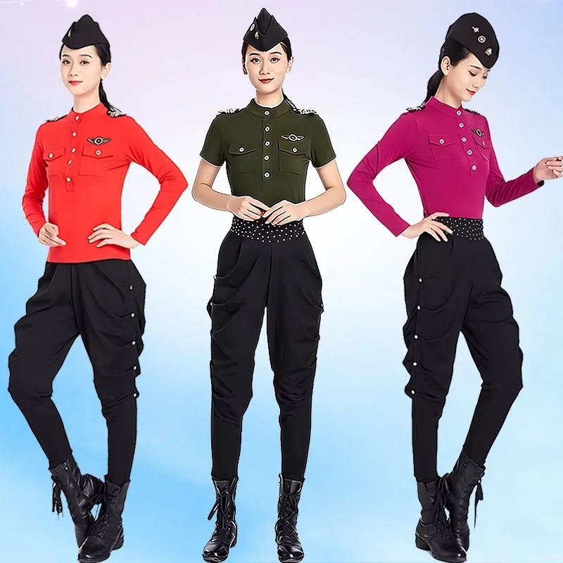 new-women's-long-sleeve-stand-collar-dance-costume-square-dancing-sailor-dance-performance-outfit-military-drum-team-ensemble