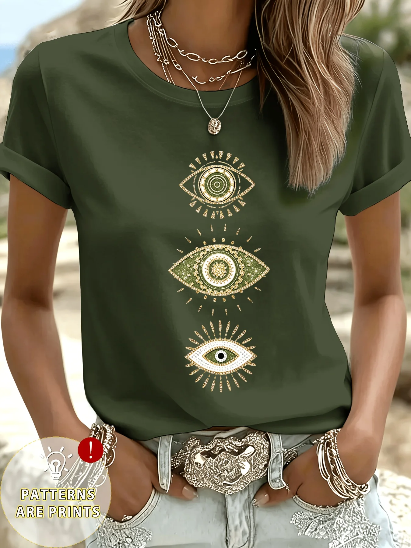Bohemian Mysterious Eye Pattern Top Türkiye Eye Theme Round Neck Short Sleeve Blue Gold Color Pair Evil Eye Casual Daily T-shirt view 5