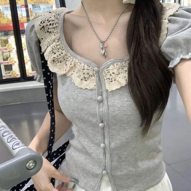 2024 Summer New Vintage Slim Fit Knitted Tops T-Shirt Square Neck Puff Sleeve Lace Trim T Shirts Women Female Korean Streetwear