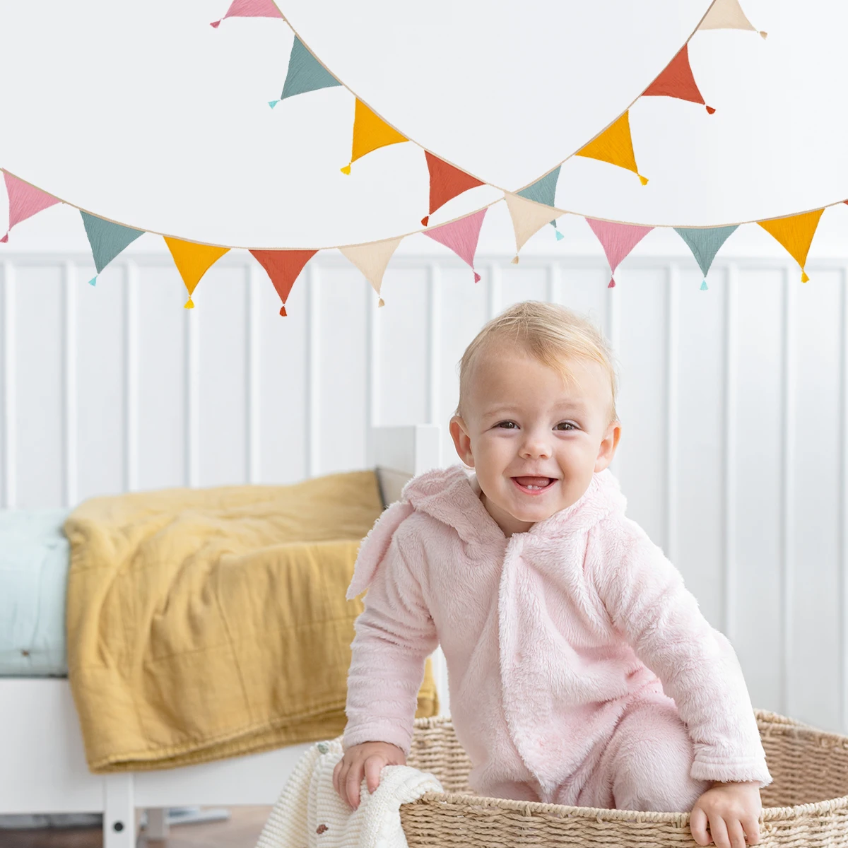 1 Juego de banderines de tela para guardería, 10 banderas triangulares con borla, decoración para fiesta de cumpleaños, pancarta para el hogar, Baby Shower, guirnalda de Carnaval