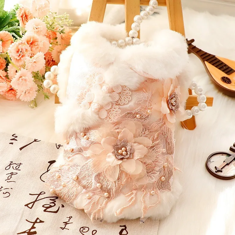 Pet New Year Cat Coat Tang Costume Hanfu Three-dimensional Flower Classical Wholesale Luxury Lace Floral Pearl Outfit
