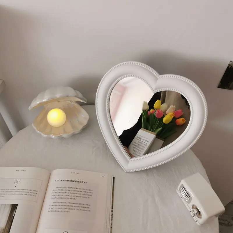 Ins Korean Love Heart Cosmetic Mirror Wall Hanging Dormitory Dressing Pink White Mirror Living Room Decorative Mirrors For Girls