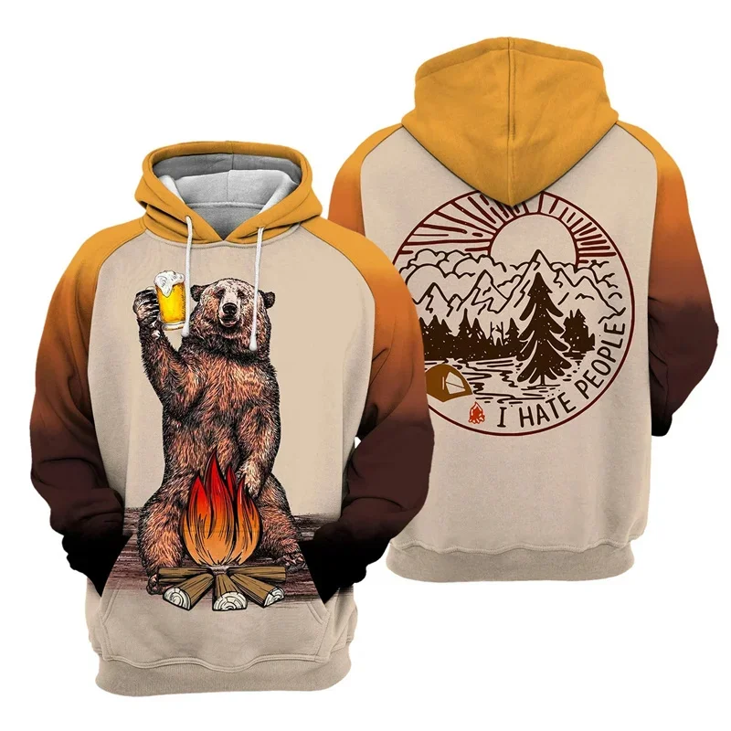 3D Printed Animal Hoodie For Men Bear Orangutan Pattern Sweatshirts Street Hooded Coat Kids Long Sleeves Oversized Pullovers