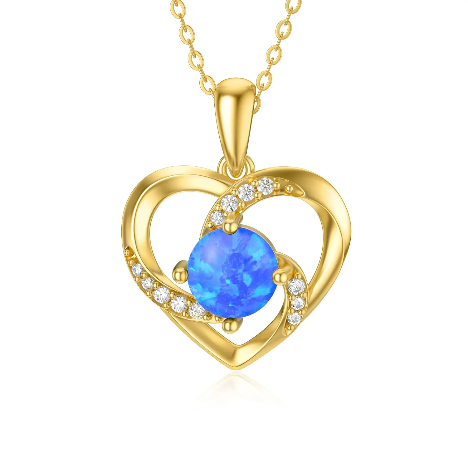 

YFN 14K Real Gold Heart Pendant Necklace with 5A Cubic Zirconia Yellow Gold Classic Simulated Blue Opal Necklace Fine Jewelry