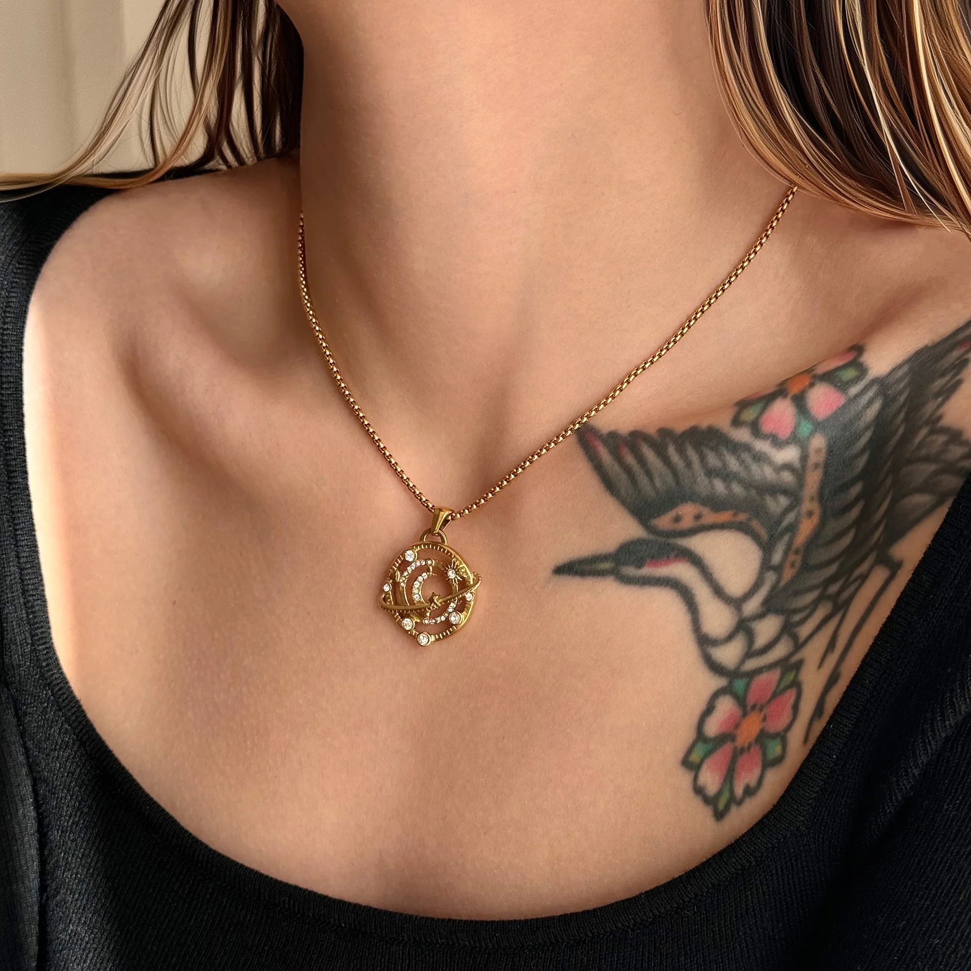 DASEIN Vintage Cosmic Planetary Galaxy Pendant Zircon Necklace 18k Gold Plated Tarnish Free Stainless Steel Lucky Jewelry Gift