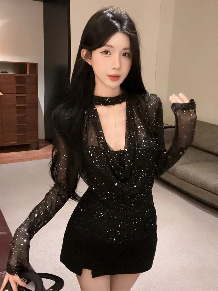 Sexy Long Sleeve T-Shirt Glittering Drill Neck Hanging Design Slim Fit Folded Hemlines Slimming Top Trendy for Young Women