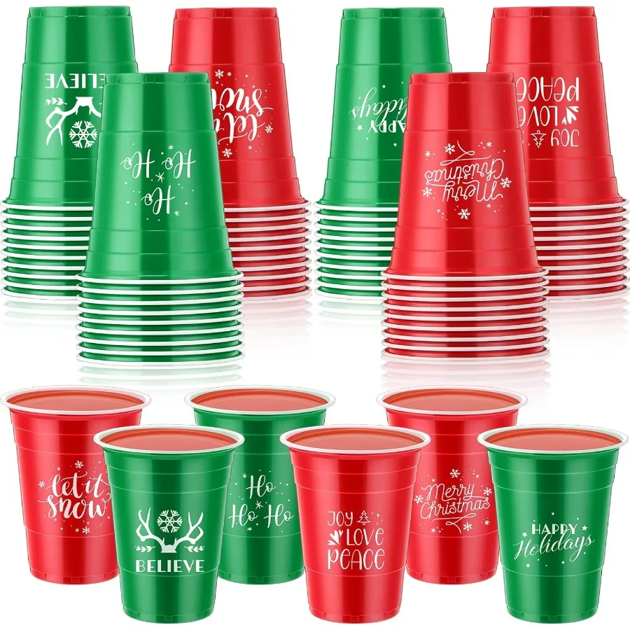 60 Pcs 16 oz Christmas Plastic Disposable Cups Bulk with Snowflake Elk Star Christmas Tree Designs for Holiday and Birthday Par
