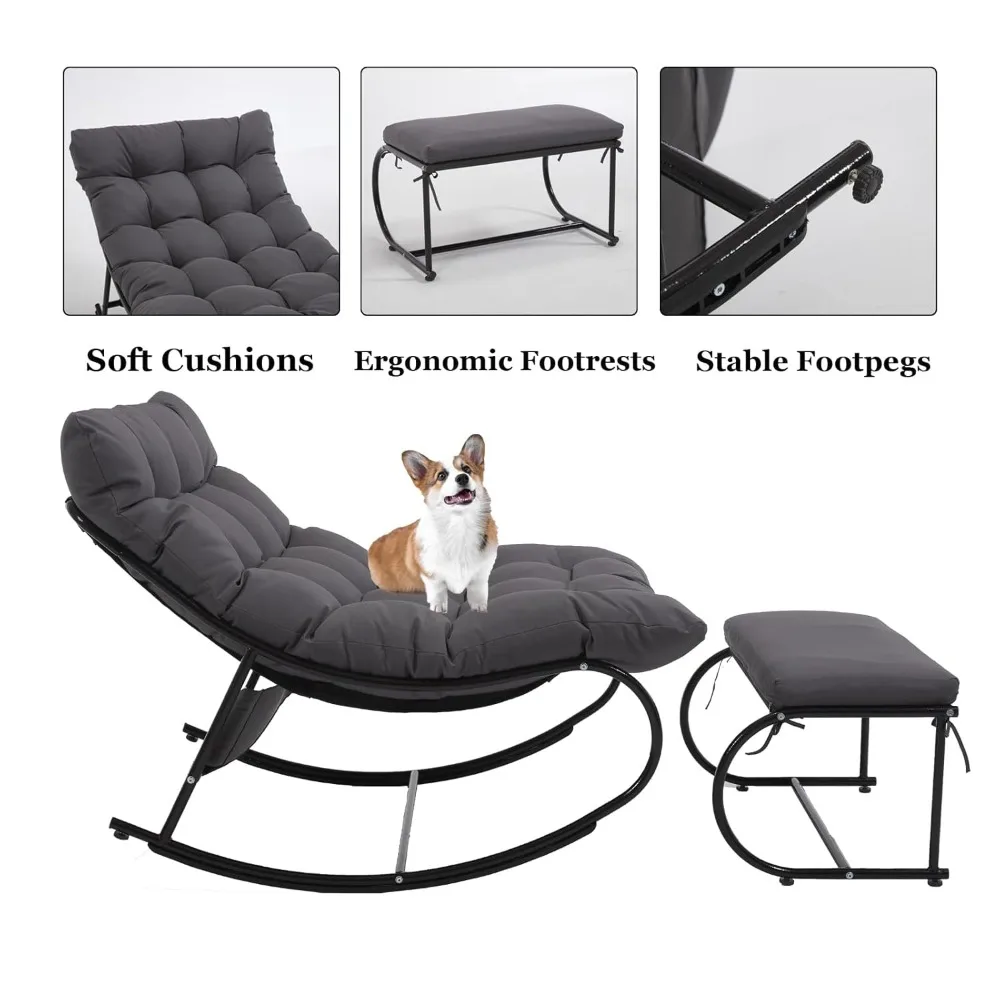 

2 Piece Outdoor Rocking Chairs with Ottoman, Patio Oversized Rocking Egg Chair with Cushion, Papasan Chair Set of 2, Customized