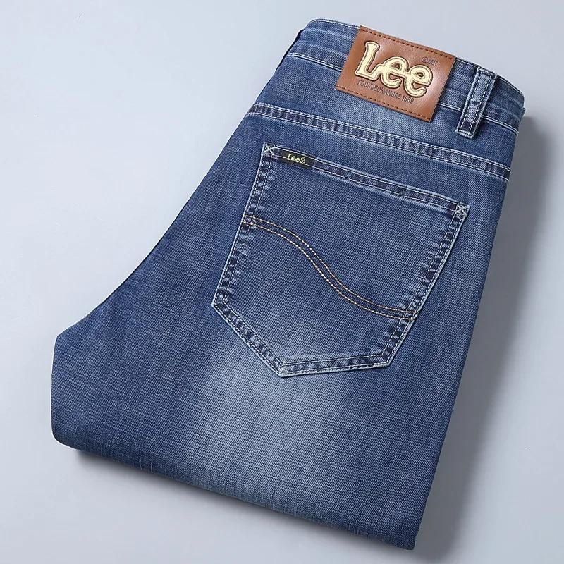 Le التجارة الخارجية الراقية الأزرق مستقيم الساق الجينز الرجال مرونة القطن السراويل المريحة نمط غير رسمي الصيف خفيفة الوزن