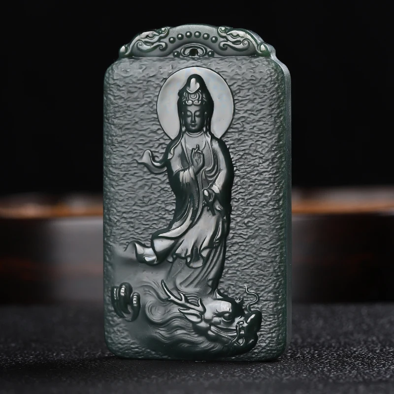 Natural Hetian Jade Pendant Xianglong Guanyin Pendant Peace Amulet Charm Fashion Necklace Men and Women Jewelry Free Lanyard