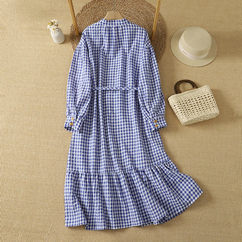 Autumn New Blue Plaid Midi Shirt Dress Women's Long Sleeve Gathered Stand Collar Drawstring A-Line Cotton Dress Citywalk