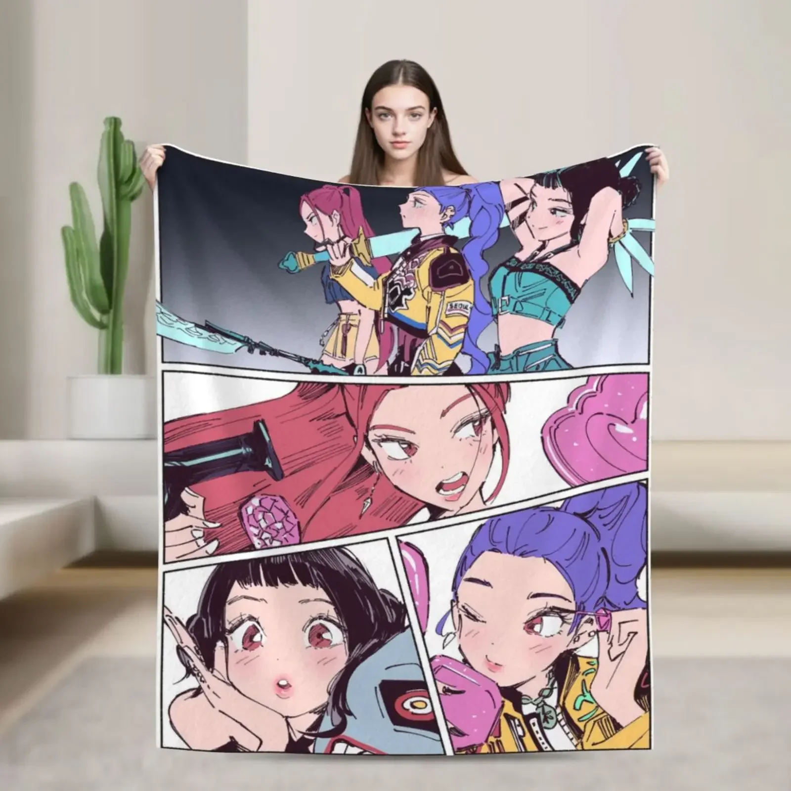 

Huntrix Cozy Flannel Throw Blanket KPop Anime Demon Hunter Warm for Living Room Gift for Fans Friends