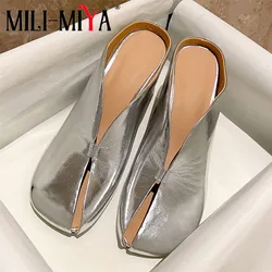 MILI-MIYA moda łączenie kobiet krowy skórzane pompy szkielet Toe okrągłe grube obcasy metalowe kolory Slip On rozmiar 34-40 Handmade