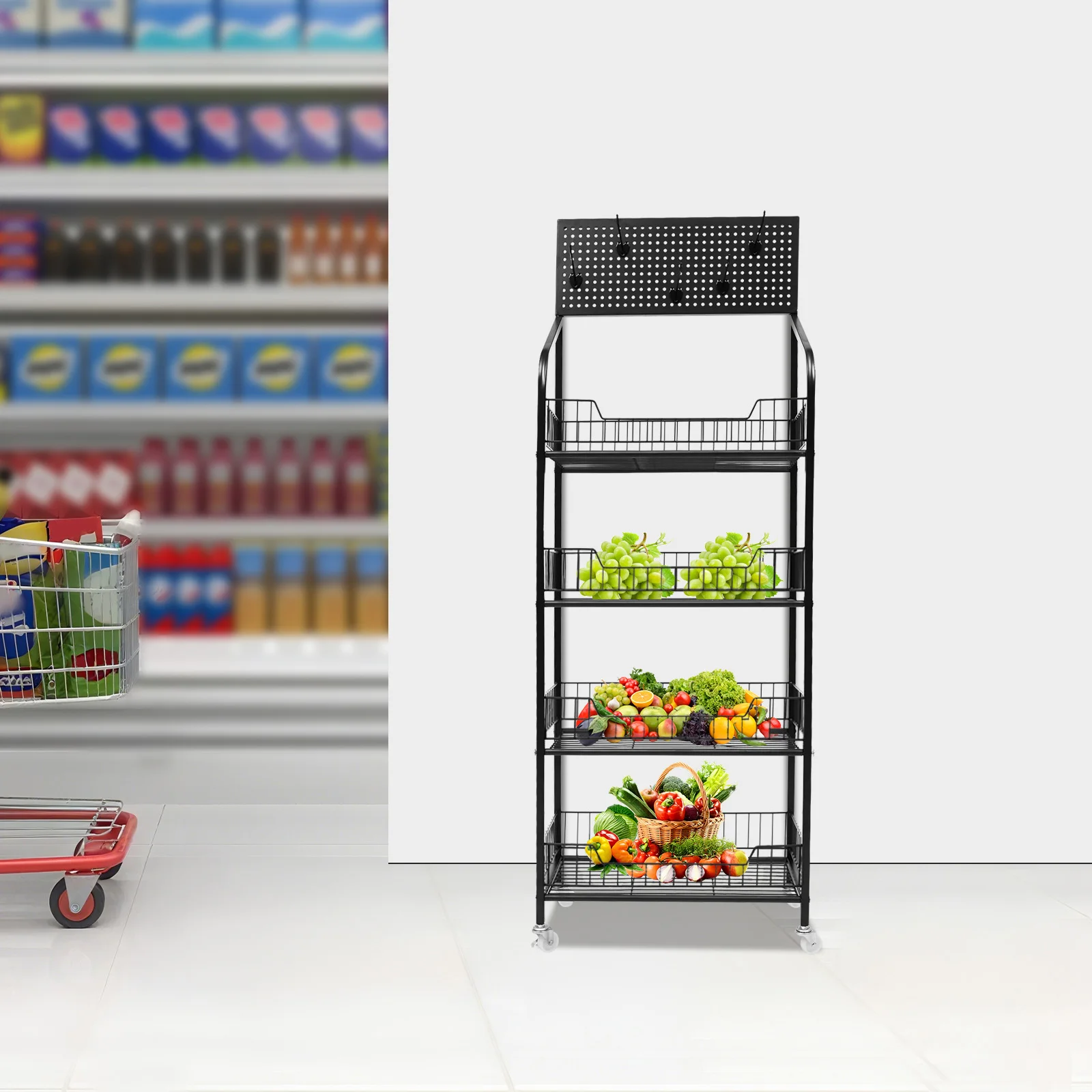 

4-уровневая передвижная витрина для розничной торговли, полка для хранения подставки, полка для хранения фруктов и овощей и закусок с 5 встроенными крючками