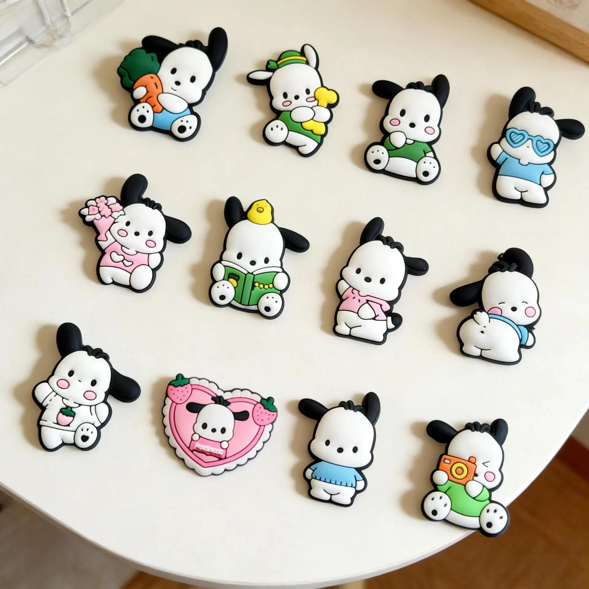 12Pcs Set Cute Cartoon Dog Pochacco Rubber PVC Shoe Charms For Slides Sandals DIY Custom Accessories Soft Shoe Clog Pins Studs