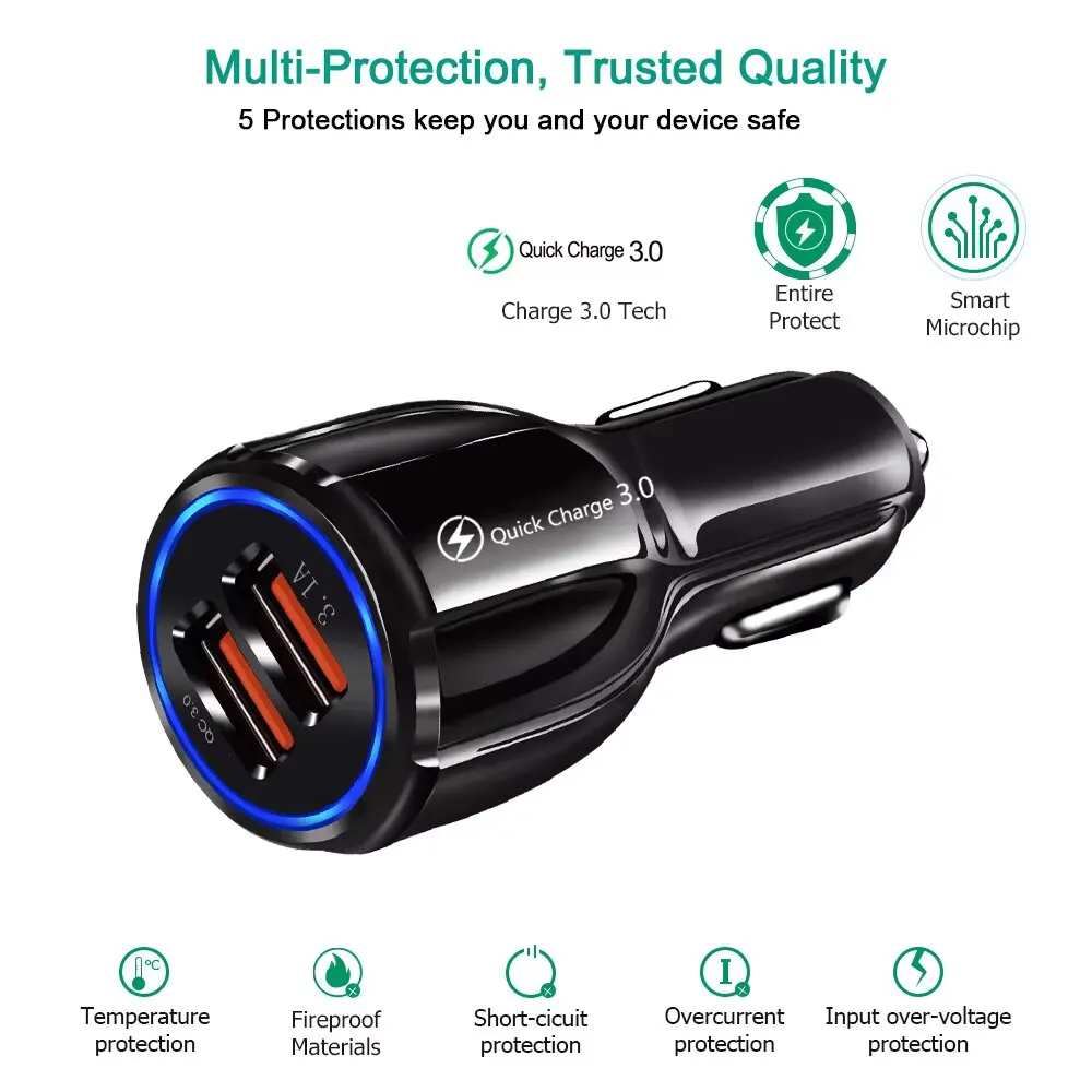12V-24V Car Charger USB Auto Phone Charge Port Fast Charging Double Quick Charge 3.0 Cigarette Lighter Adapter For Xiaomi Huawei