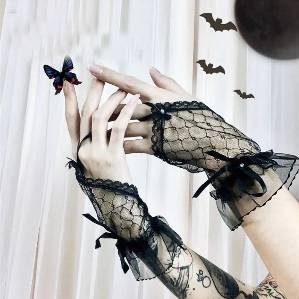 Gothic Lolita Fishnet Hand Gloves Cuff Women Mesh Black White Punk Goth  Fingerless Gloves Mittens Lace Wrist Cuffs Arm Sleeves