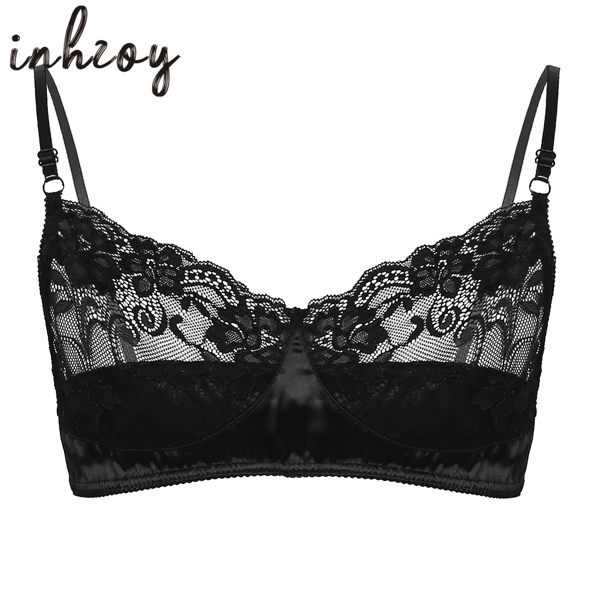 Men Sexy Bra Top Bralette Underwear Adjustable Spaghetti Strap Floral Lace Satin Bras Gay Crossdressing Lingerie Rave Clubwear