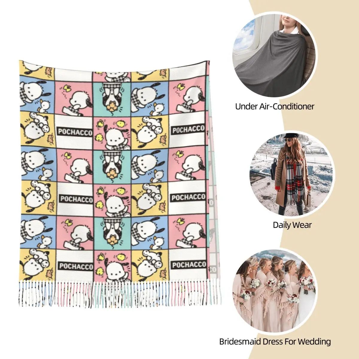 Pochacco Paterrn Cartoon Dog Cute Scarf Keep Warm Shawls and Wrap with Tassel Women Retro Head Scarves Winter Designer Bandana image 6