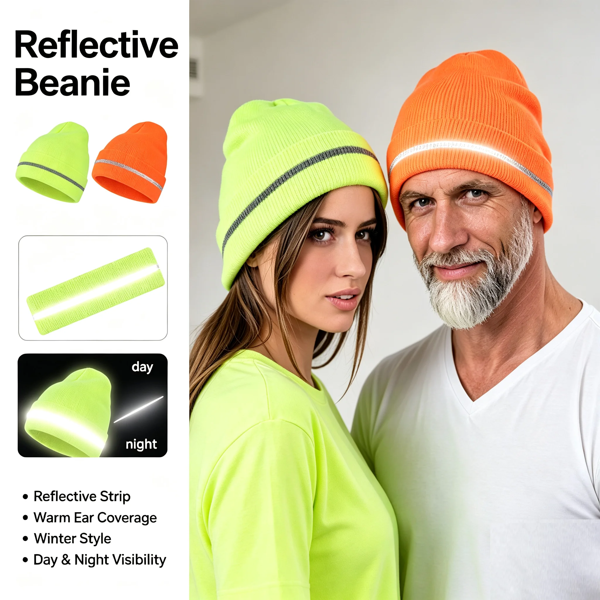 Reflective Knit Hat Safety Beanies Adult High Visibility Beanie Neon Winter Knit Caps with Men Women for Night Running Sports