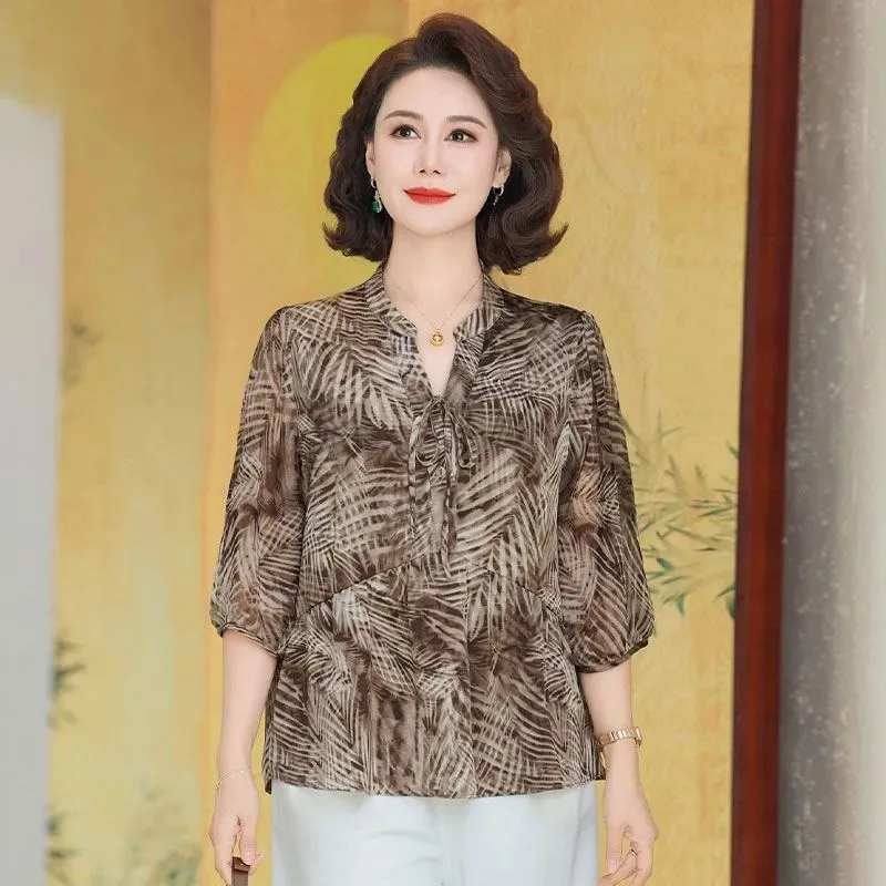 

Women's Middle Aged Printed Blouse V Neck Tie Front 3/4 Sleeve Casual Loose Shirt