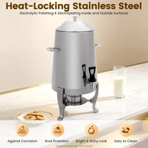 3.43Gal Stainless Steel Hot Beverage Dispenser – Heating Board + Fuel Tray – Adjustable 95-185 ° F – Coffee Tea Milk – for Party Hotel Restaurant – Silver