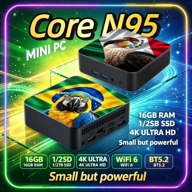 2026 New Mexico Brazil Flag Compact Mini PC High‑Performance Intel Core N95 16GB RAM 2TB SSD WiFi6 BT5.2 for Gaming & Office