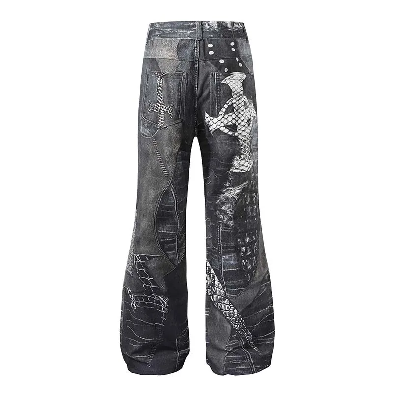 Men's Fashion High Street Baggy Hip Hop Jeans Pants Streetwear 3D Printed Denim Trousers Loose Fit Y2K Painted Cowboy Bottoms