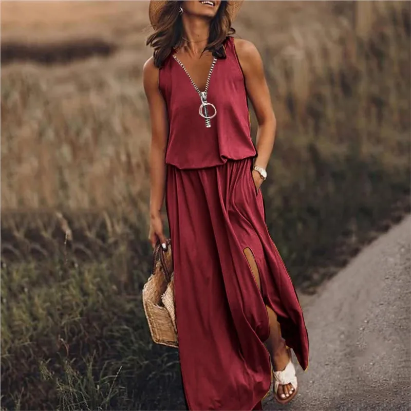 Kobiety Summer Holiday Solid Maxi Dress Zipper Up V Neck Sleeveless Pocket Front Split Boho Beach Midi Dresses Casual Robe Vestido