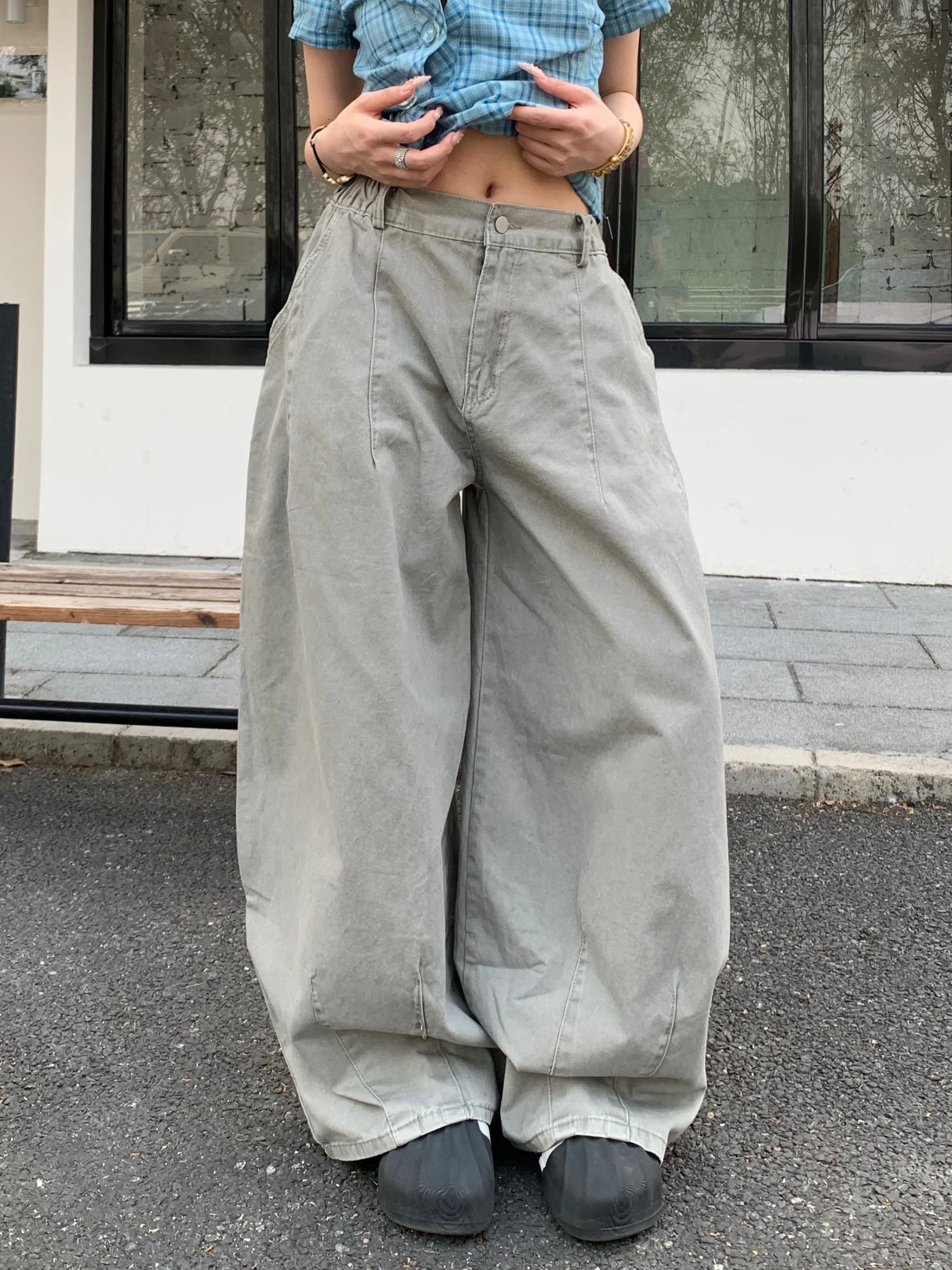 

Женские широкие брюки Muziyang с вышивкой, серые, свободные, повседневные, из хлопка, с естественной талией, модные, для работы