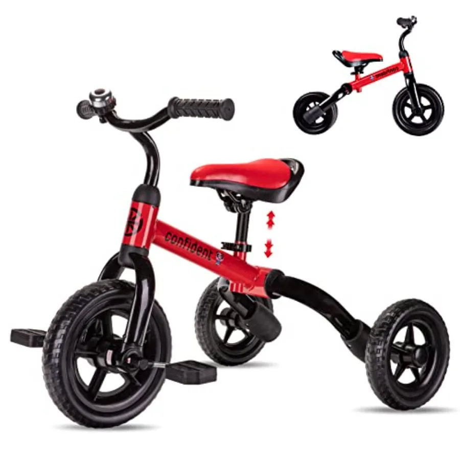

Toddler tricycle for ages 2-5, steel frame, red/black, foldable with adjustable seat and removable pedal