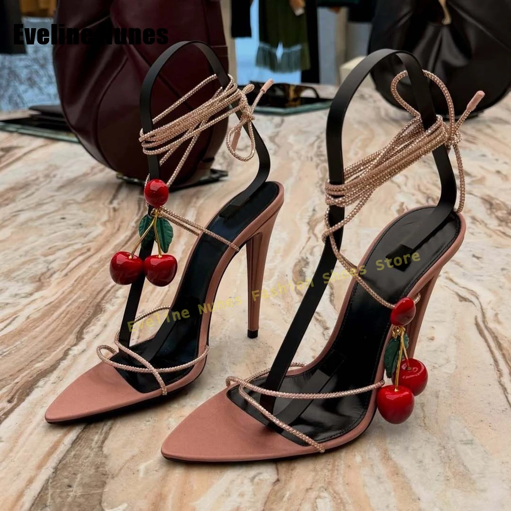 

Женские розовые сандалии с декором в виде вишни, на шнуровке, на шпильке, с острым носком, со стразами, на ремешках, в стиле Y2K, для вечеринок и выпускных, трендовые