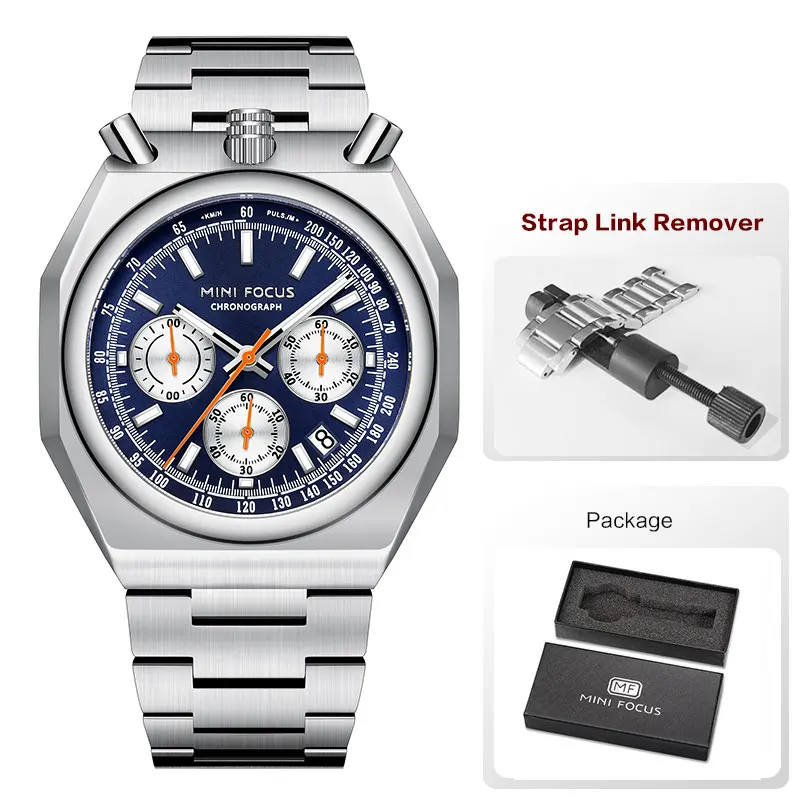 MINI FOCUS Chronograph Quartz Watch for Men Fashion Waterproof Luminous Wristwatch with Calendar Stainless Steel Strap 0601