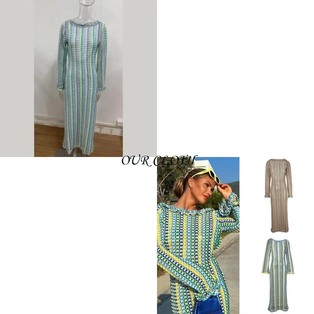 

Women Hollow Out Knit Beach Dress Backless Long Sleeve Swimsuit Coverup Dress Y1AC