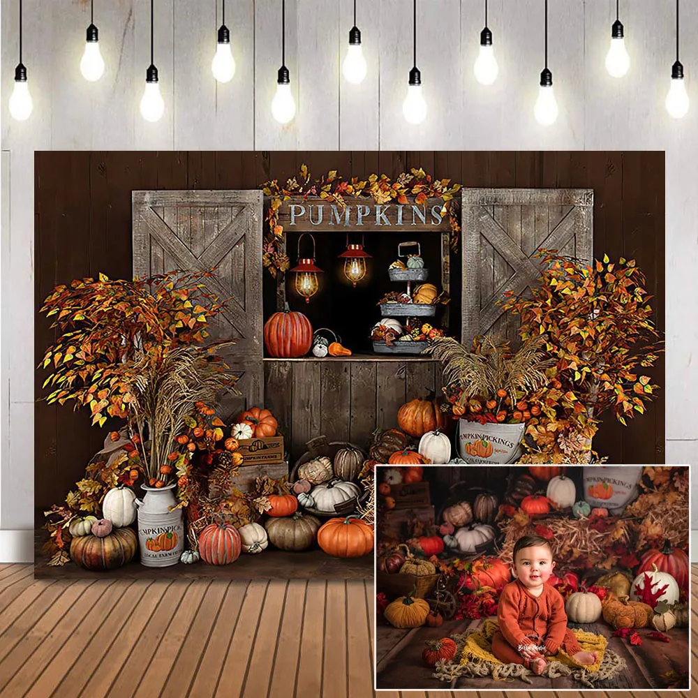 Pumpkins Shop Backdrop for Photography Newborn Kids Cake Smash Maple Leaves Warehouse Haystack Background for Photo Studio Prop